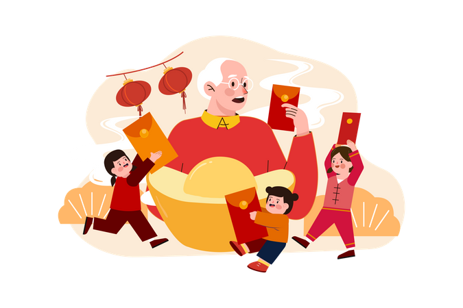 Pueblo chino con tarjeta angpow  Ilustración