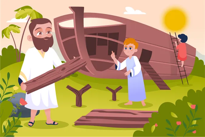 Pueblo cristiano construyendo un barco.  Ilustración