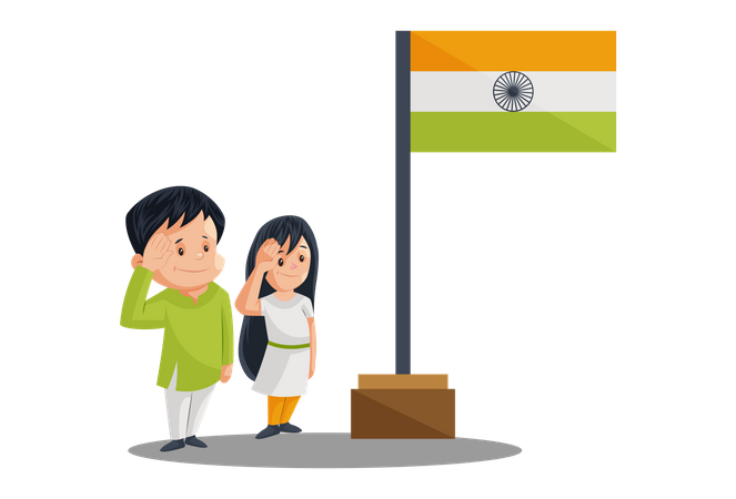 Pueblo indio saludando al poste de la bandera india en el Día de la Independencia  Ilustración