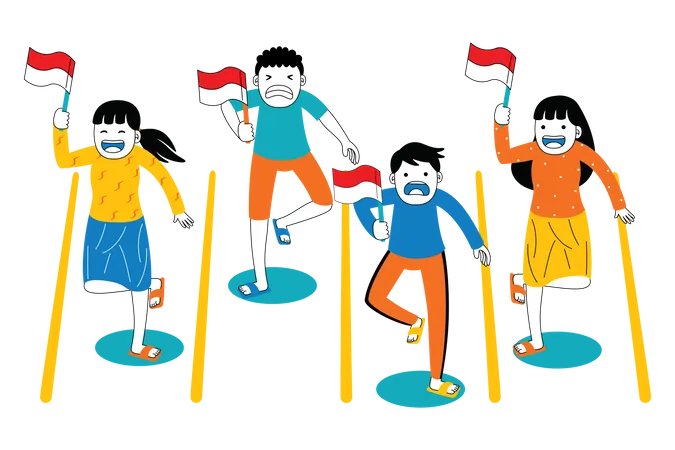 Pueblo indonesio jugando carrera de una pierna  Ilustración