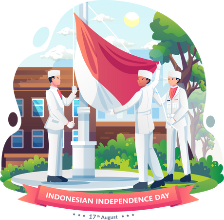 Pueblo indonesio ondeando banderas en el marco de la ceremonia del Día de la Independencia de Indonesia  Ilustración