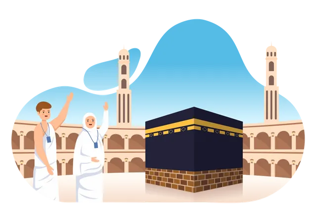 Hajj O Umrah Mabroor Ilustracion De Dibujos Animados Con Personajes De Personas Y Makkah Kaaba Adecuados Para Plantillas De Carteles O Paginas De Destino Ilustración