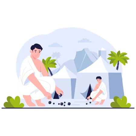 Los musulmanes recogen piedras para el Jamarat  Ilustración