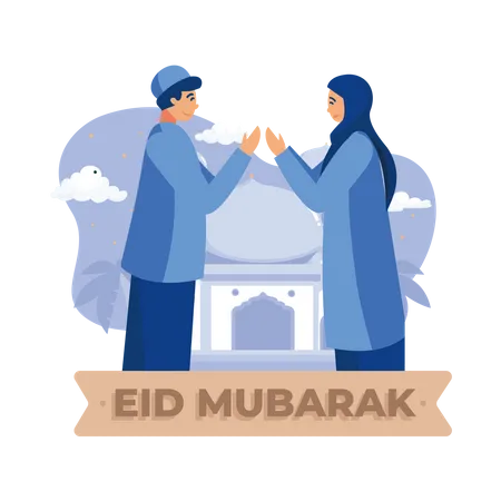 Pueblo musulmán celebrando Eid Al-Fitr  Ilustración