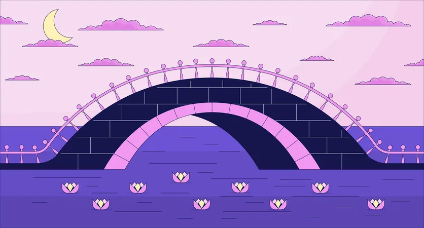 Puente crepuscular sobre el río  Ilustración