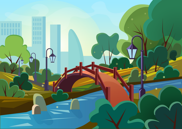 Puente del estanque en el parque de la ciudad  Ilustración