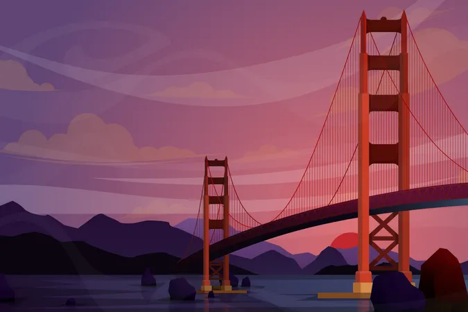 Hermosa Escena Con El Puente Golden Gate En San Francisco Simbolo Mundialmente Famoso De Atraccion Turistica Estadounidense Postal De Diseno De Monumentos De Arquitectura Internacional O Cartel De Viaje Ilustracion Vectorial Ilustración