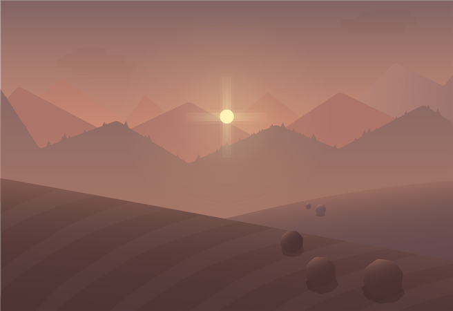 Puesta de sol detrás de las montañas  Ilustración