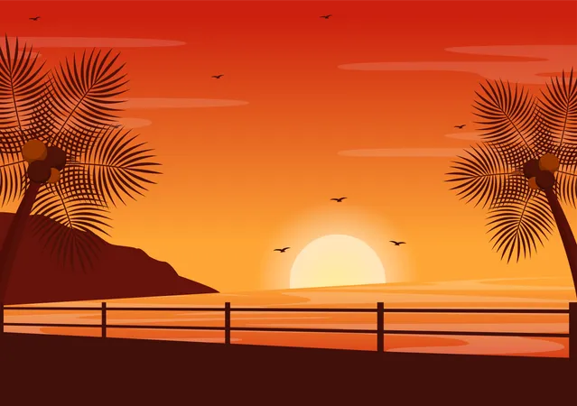 Puesta de sol en la playa  Ilustración