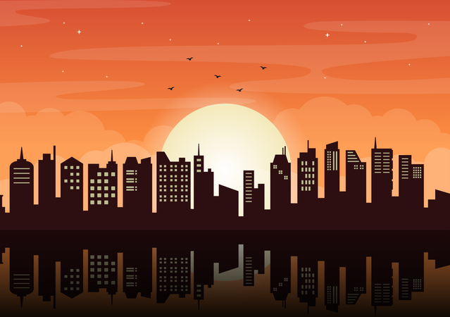 Puesta de sol entre el horizonte de la ciudad  Ilustración