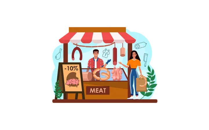 Puesto de carne en el mercado  Ilustración