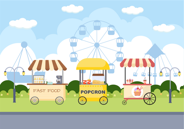 Puesto de comida en el parque de atracciones  Ilustración
