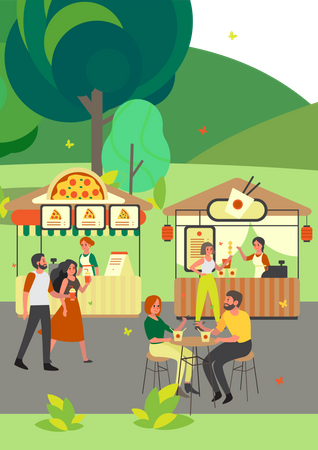 Puesto de pizza y café en el parque  Ilustración