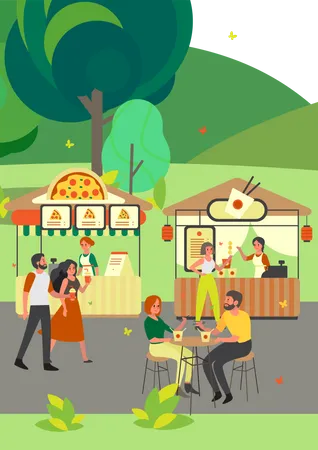 Gente Comiendo Comida Callejera Y Rapida En El Parque Barra De Pizza Y Fideos De Arroz Gente Comiendo Refrigerios Al Aire Libre Hora Del Almuerzo En El Parque Ilustracion Vectorial En Estilo De Dibujos Animados Ilustración