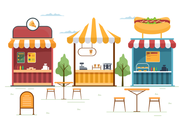 Puesto en el patio de comidas  Ilustración