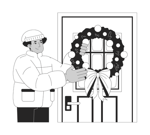 Puffer coat man hanging Christmas wreath on front door  Illustration