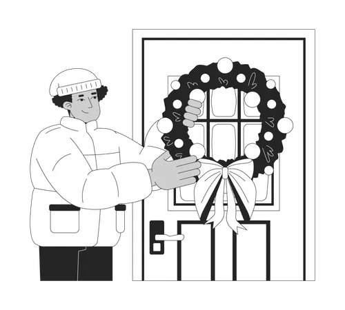 Puffer coat man hanging Christmas wreath on front door  Illustration