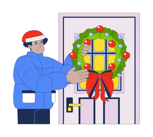 Puffer coat man hanging Christmas wreath on front door  Illustration