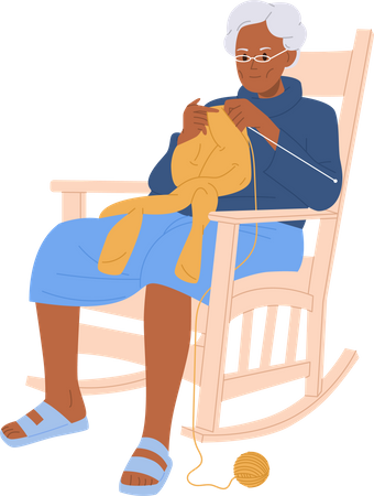 Femme âgée tricotant un pull avec des aiguilles, assise dans un fauteuil à bascule confortable  Illustration