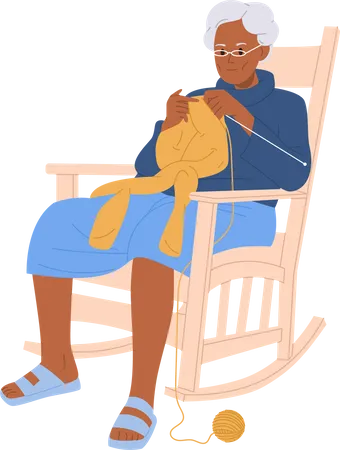 Femme âgée tricotant un pull avec des aiguilles, assise dans un fauteuil à bascule confortable  Illustration