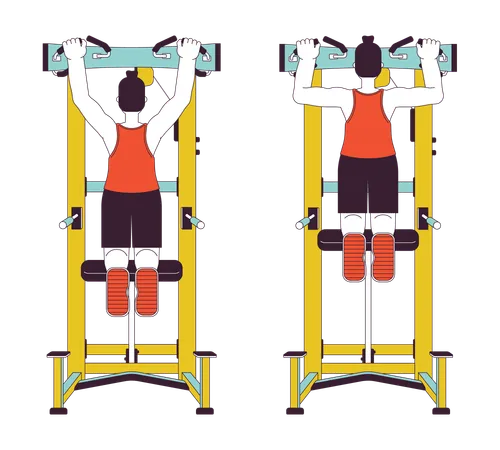 Muscle Building With Assisted Pull Up Machine Flat Line Vector Spot Illustration 2 D Cartoon Outline Character On White For Web UI Design Bodyweight Back Exercise Editable Isolated Color Hero Image Illustration