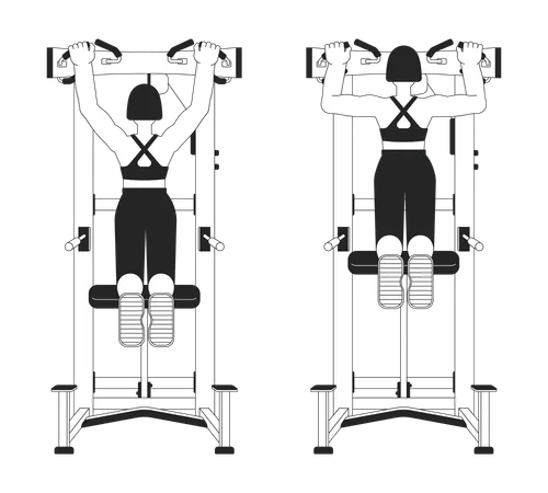 Working Out On Assisted Pull Up Machine Bw Vector Spot Illustration Gym Woman 2 D Cartoon Flat Line Monochromatic Character For Web UI Design Strength Training Editable Isolated Outline Hero Image Illustration