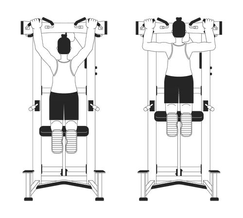 Muscle Building With Assisted Pull Up Machine Bw Vector Spot Illustration 2 D Cartoon Flat Line Monochromatic Character For Web UI Design Bodyweight Back Exercise Editable Isolated Outline Hero Image Illustration