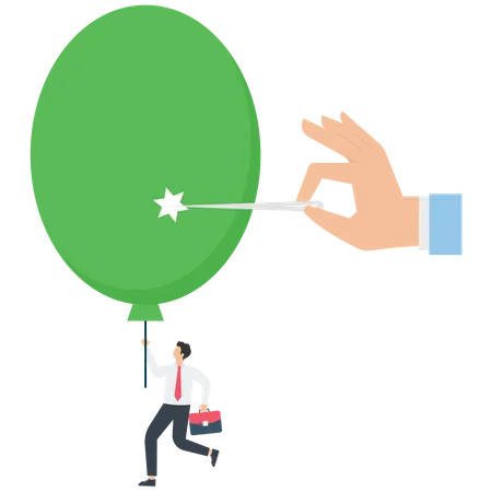 Pulling a businessman's rising balloon is pierced by a needle  イラスト