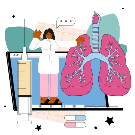 Pulmonologist Online Service Or Platform Pulmonary System Examination Diagnosis And Medical Treatment Online Contacts Flat Vector Illustration イラスト