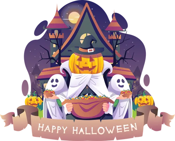 Pumpkin heads with buckets full of candy Illustration