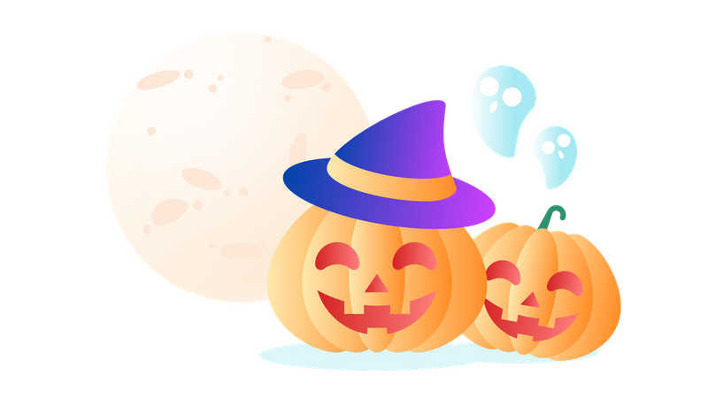 Pumpkins and Ghost at the Moon Illustration