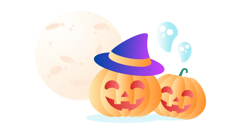 Pumpkins and Ghost at the Moon  Illustration