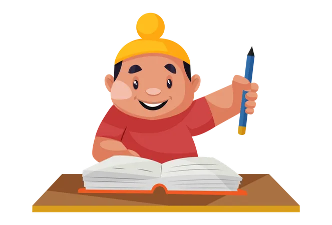 Punjabi boy holding a pencil in hand and studying a book Illustration