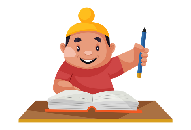 Punjabi boy holding a pencil in hand and studying a book  Illustration