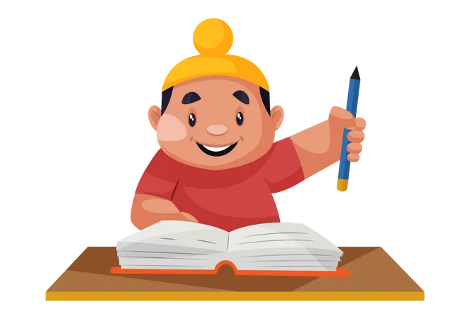 Punjabi boy holding a pencil in hand and studying a book  Illustration