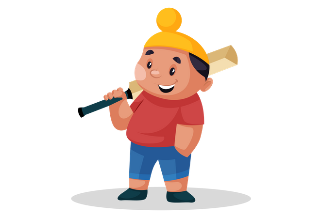 Punjabi boy is holding a cricket bat on his shoulder  Illustration