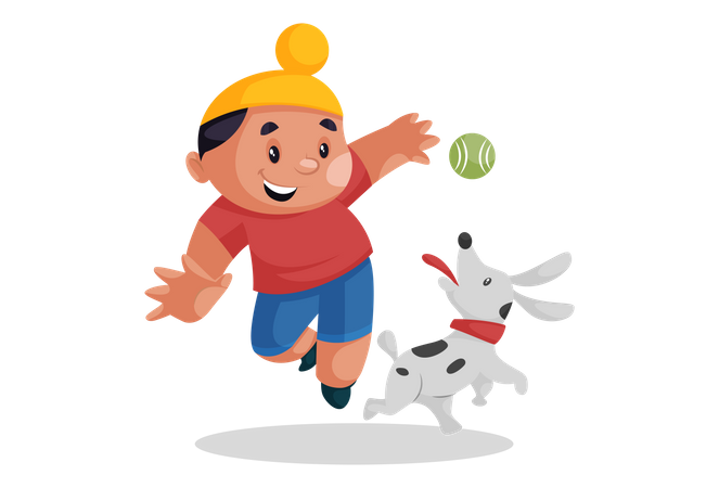 Punjabi boy playing ball with his dog Illustration