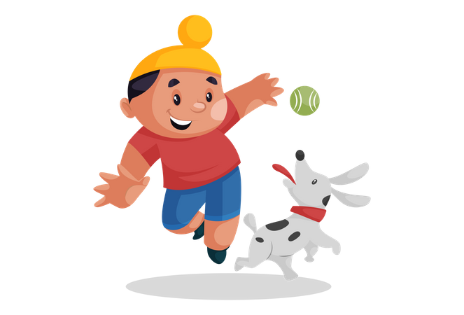 Punjabi boy playing ball with his dog  Illustration