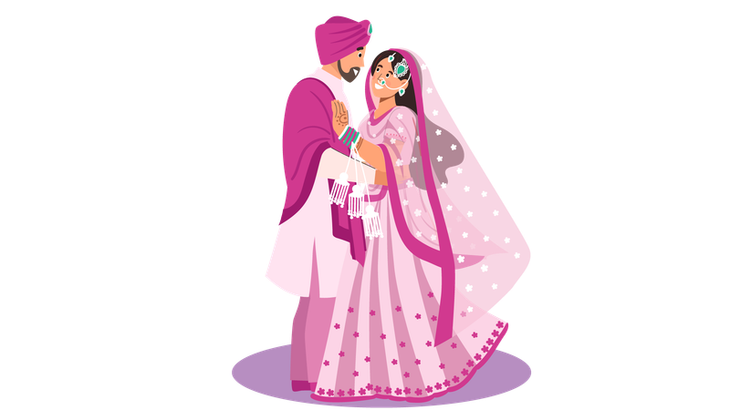 Punjabi bride and groom giving couple pose in wedding ceremony  Illustration