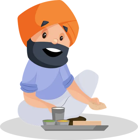 Punjabi farmer sitting and eating food  Illustration