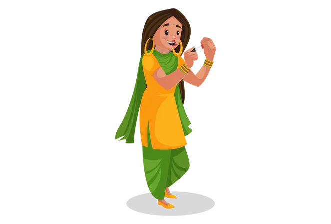 Fille punjabi appliquant de la peinture à ongles  Illustration