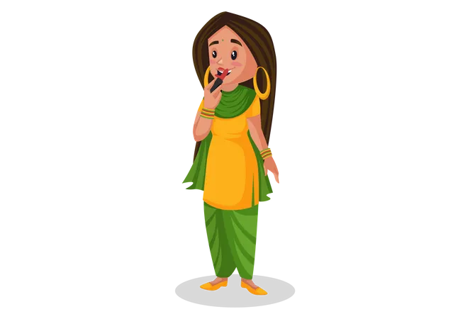 Punjabi girl applying lipstick  Illustration