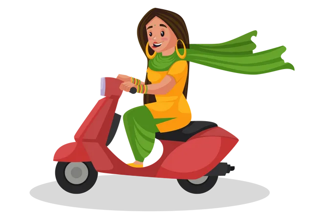 Punjabi girl driving a scooter Illustration