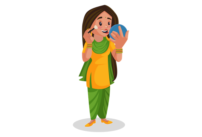 Punjabi girl holding a mirror and doing makeup  Illustration