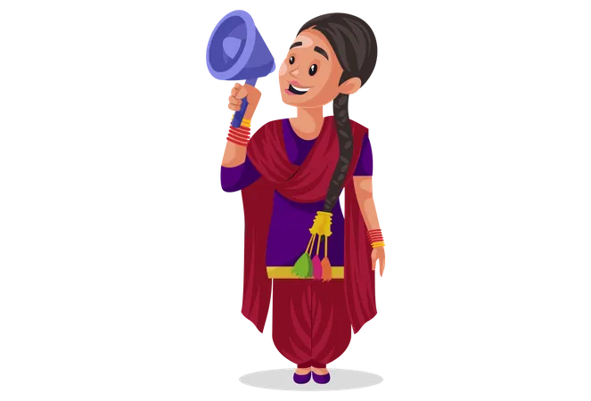 Punjabi girl is holding megaphone in hand Illustration