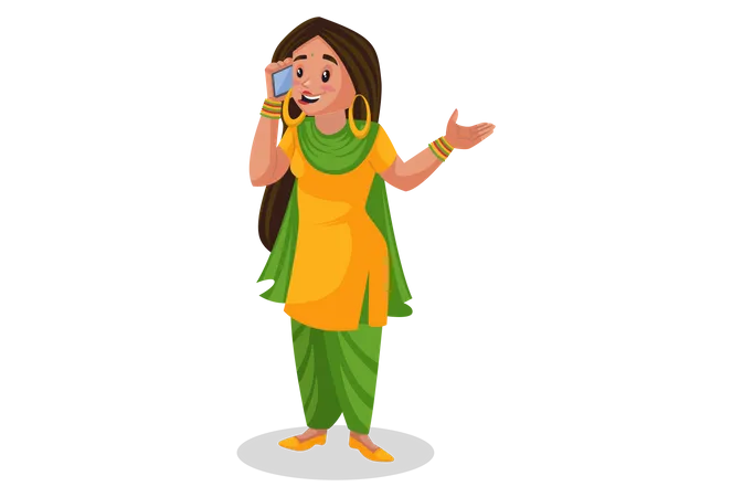 Fille punjabi parlant sur un téléphone portable  Illustration