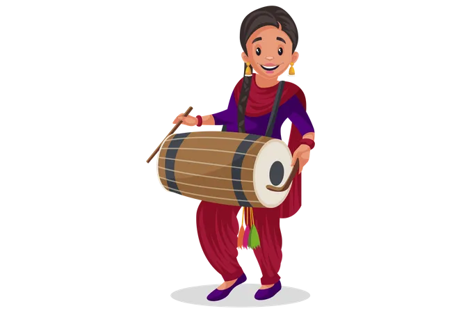 Punjabi girl playing drum Illustration