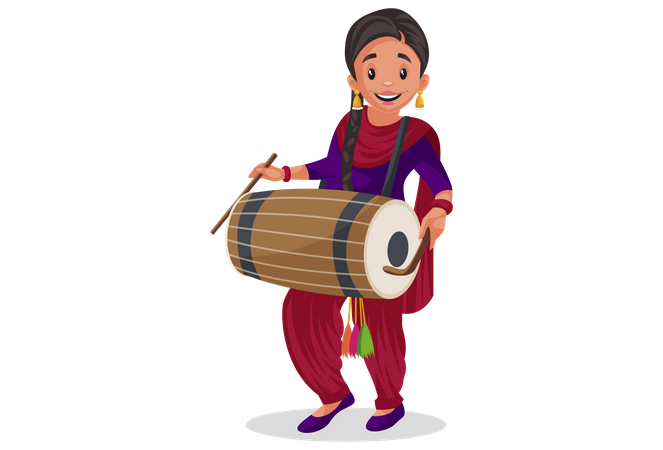 Punjabi girl playing drum  Illustration