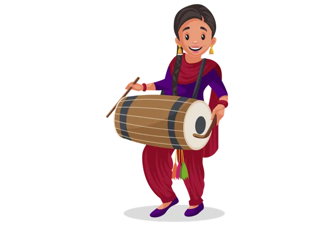 Punjabi girl playing drum  Illustration