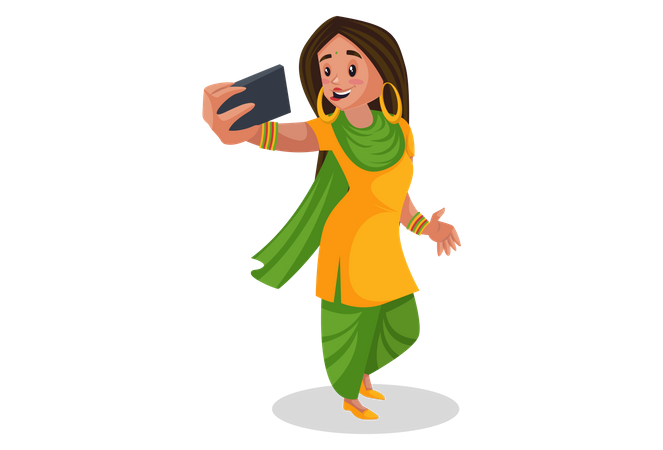 Fille punjabi prenant des selfies sur son mobile  Illustration